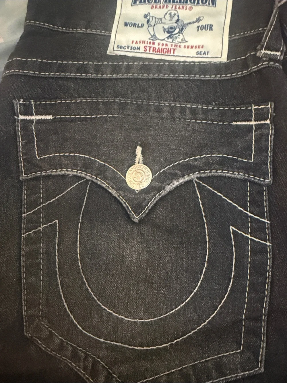 True Religion Men's Straight Jeans in Charcoal Black with White Label